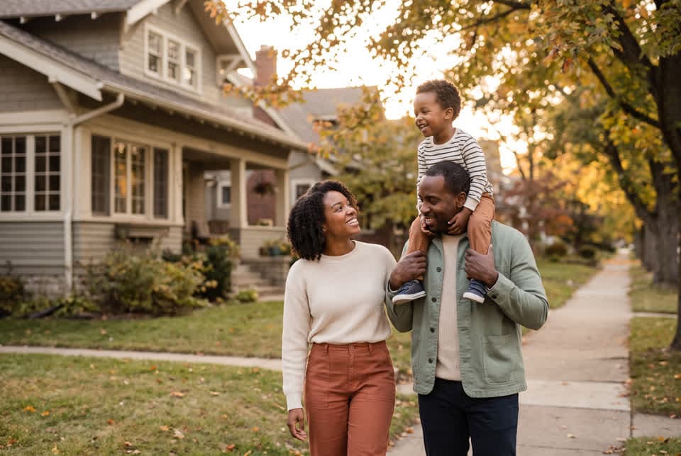 A couple walking along a leafy street outside their home, their young son riding on his father's shoulders