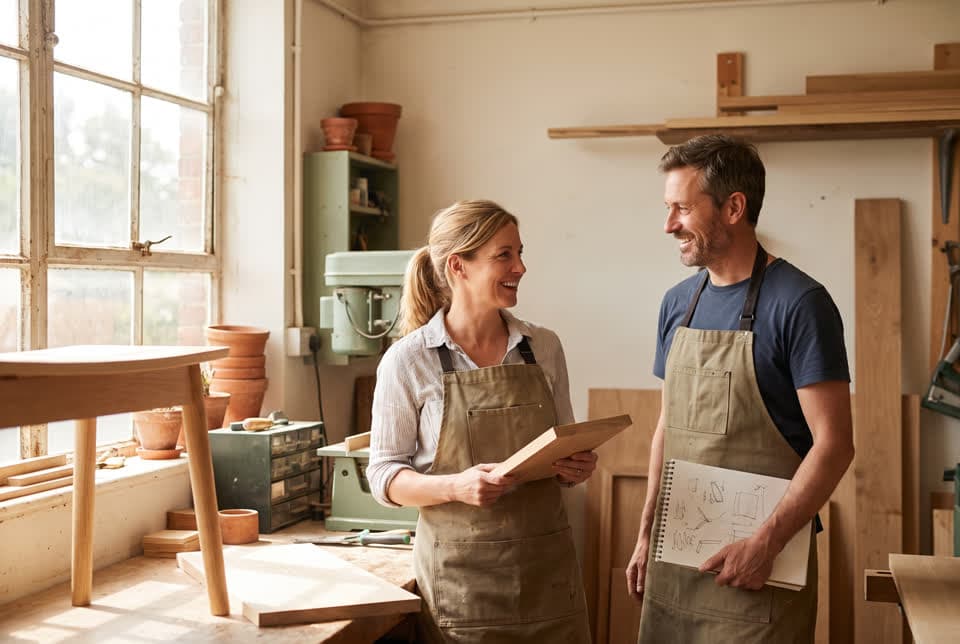 Two business partners in aprons talking and smiling in their small woodworking workshop