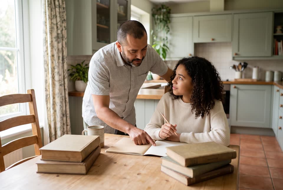 A father helping his teenage daughter with homework at a kitchen table