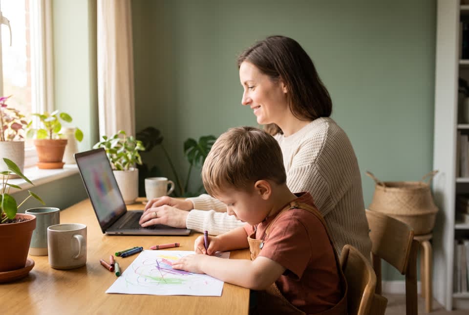 A woman working on a laptop at a home desk while her young son draws with crayons beside her